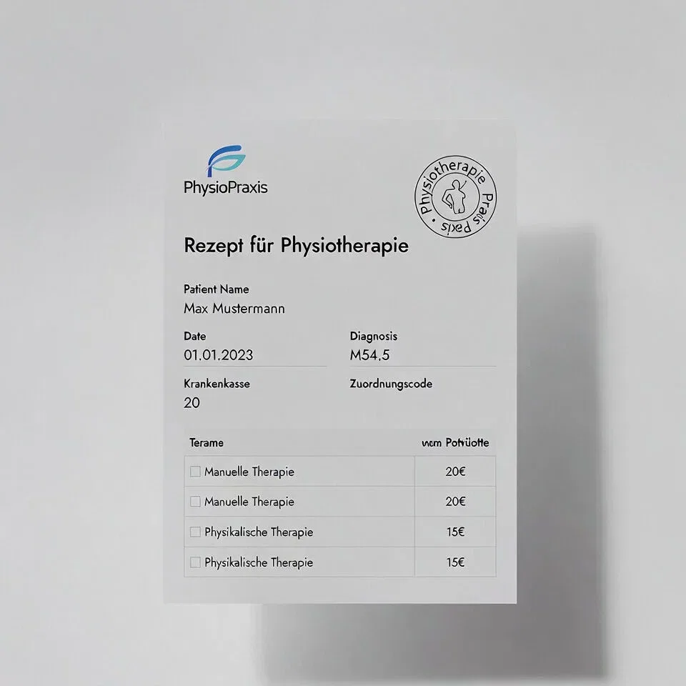 Abbildung eines Physiotherapie-Rezepts mit Patientendaten, Diagnose und Auswahl von manueller und physikalischer Therapie.